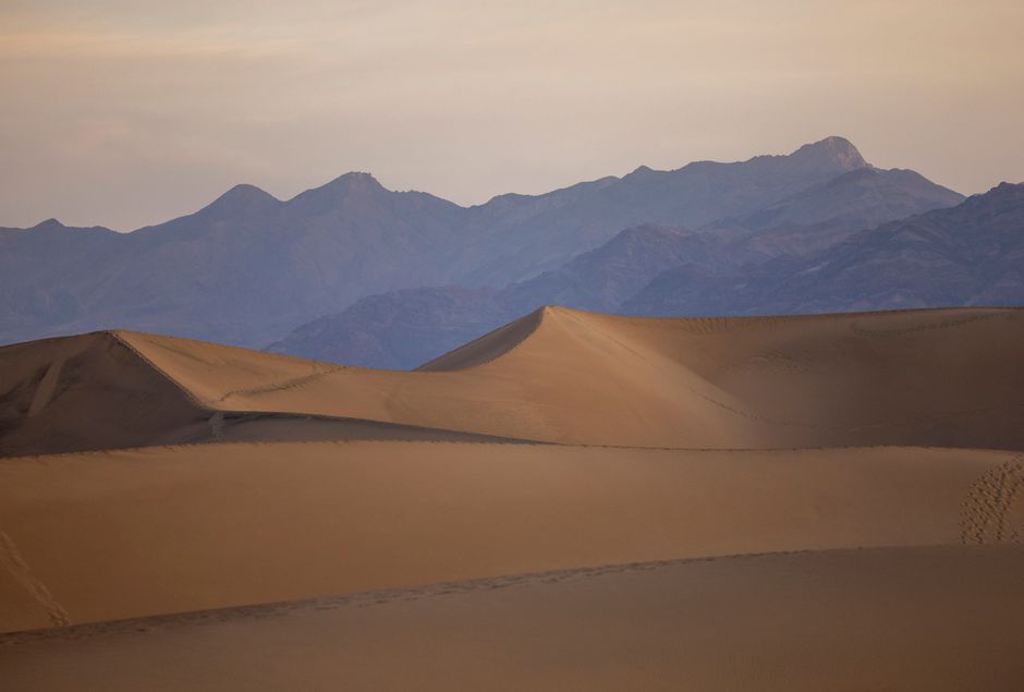 Golden sand dunes in a vast desert landscape at sunrise with distant mountains in view.