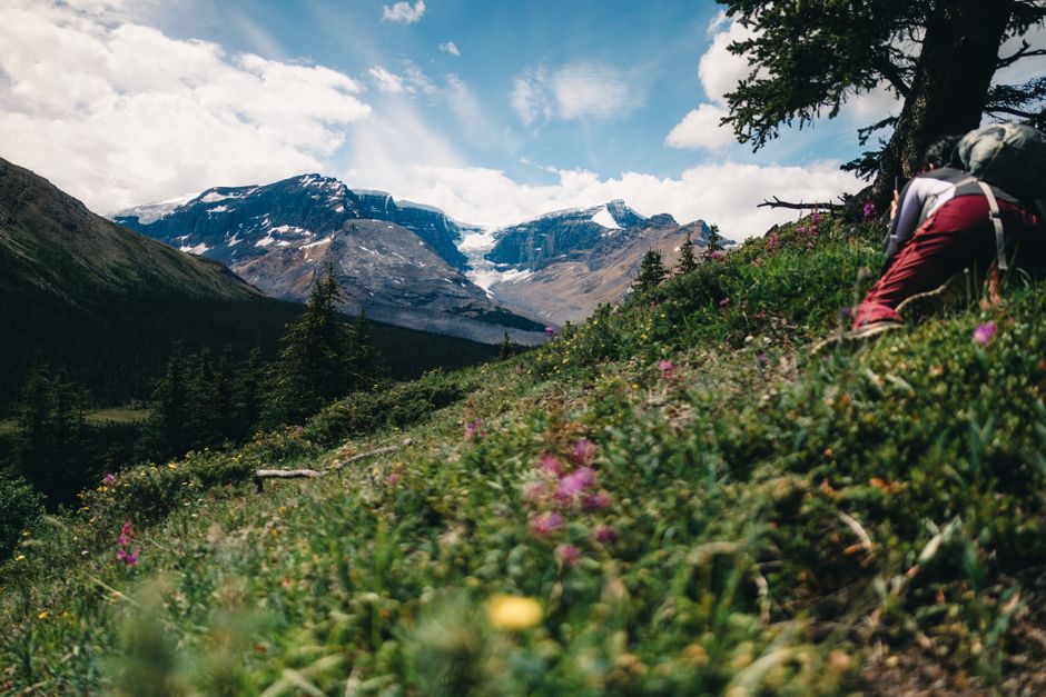 Hiking through the beautiful landscapes of Jasper, Alberta with stunning mountain views.